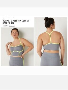 Victoria's secret pink ultimate corset push-up sports bra LARGE DD GRAY YELLOW